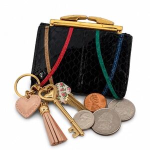 Bosca Vintage Whip Snake Skin Black Trifold Wallet Multi Color Kiss Lock Coin